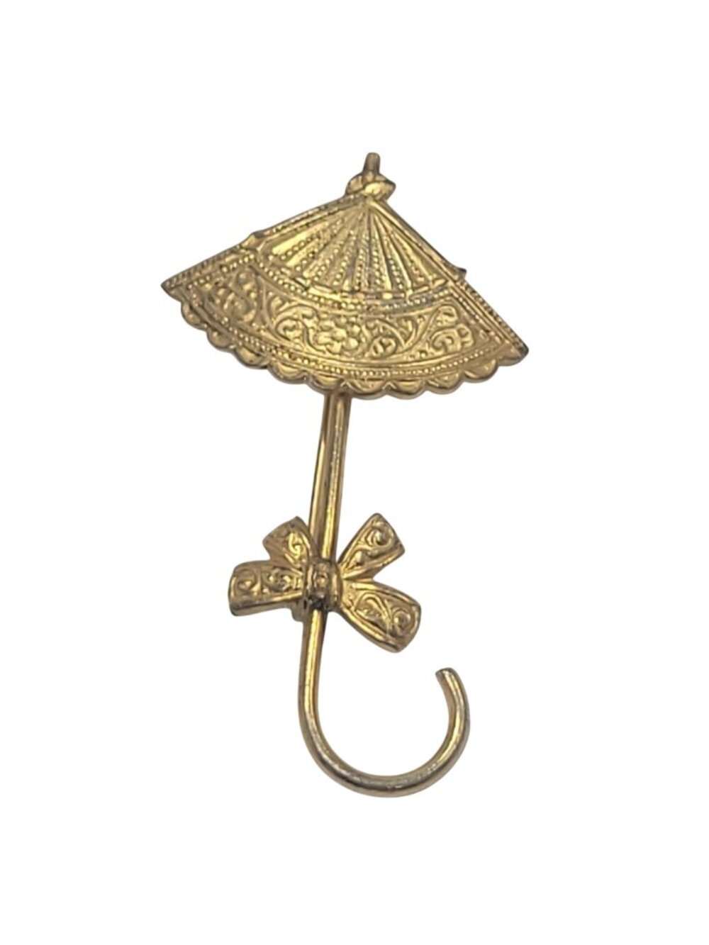 Vtg Gold-Tone Umbrella Parasol Brooch Pin Intricate Etching & Bow Signed Spain 2